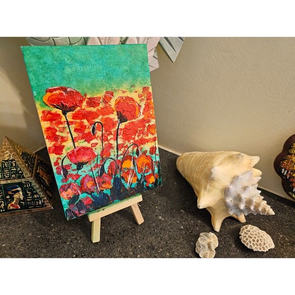 Poppies Original Oil Painting Red Flowers 5x7" Impasto Palette Knife Textured - Picture 6 of 11